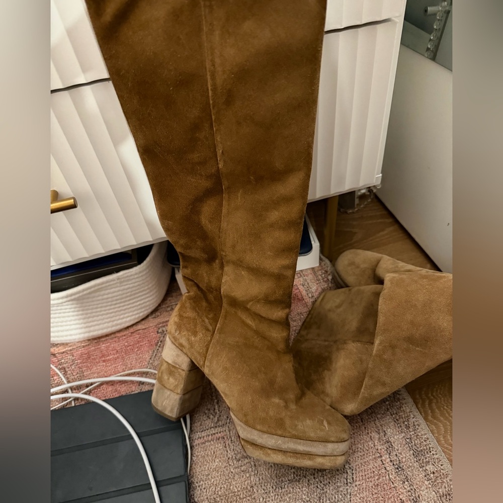 Tory Burch tan suede heeled knee boots - Picture 2 of 9
